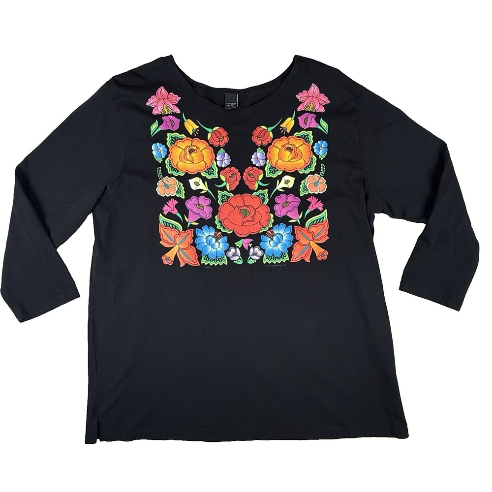 Sabaku Artwear Graphic Top Womens XL Black Floral 3/4 Cotton USA Boho Artsy
